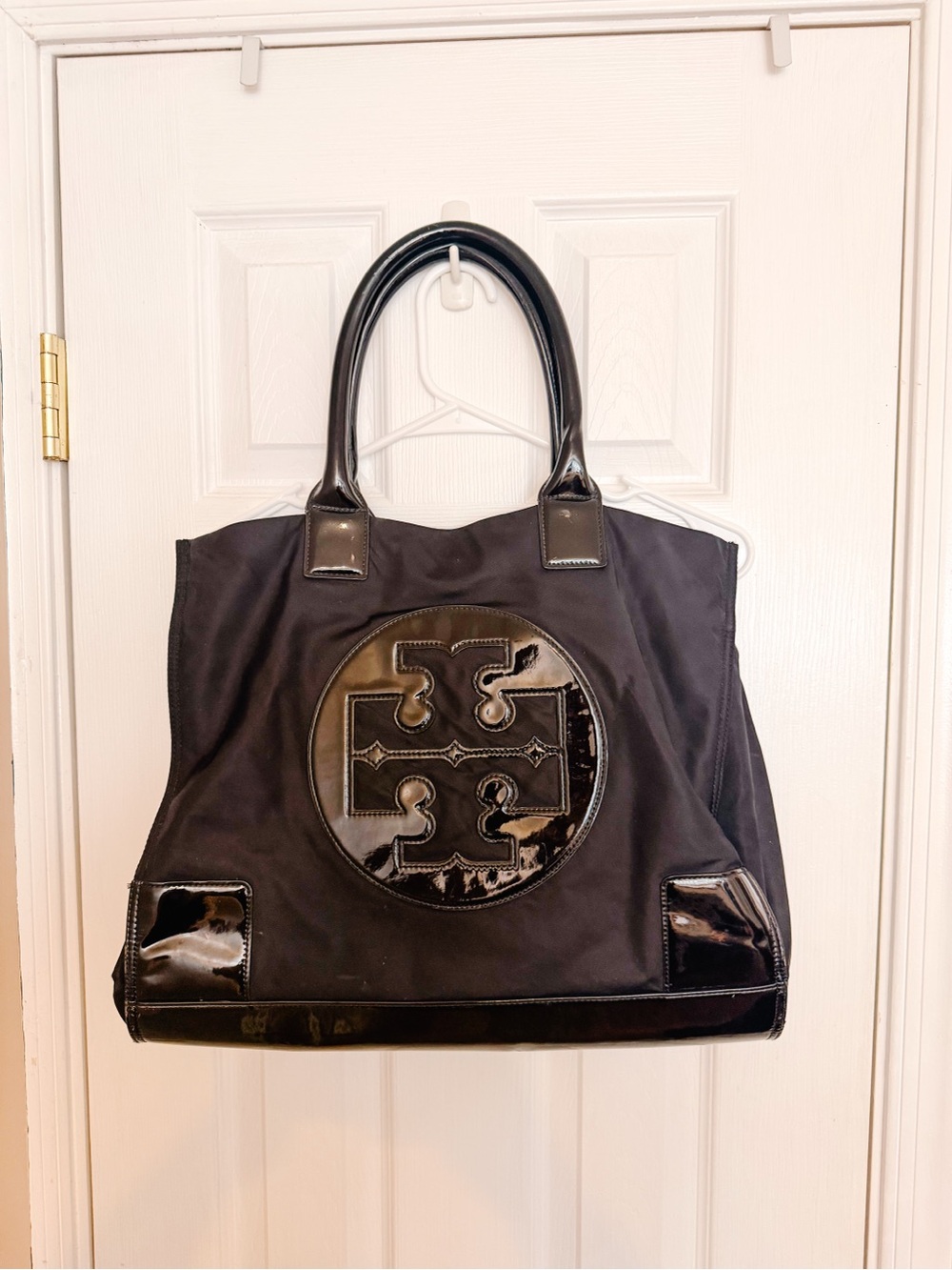 Tory Burch Black Tote with Patent Logo Trim